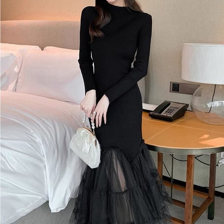 tulle 切り替え  knit onepiece