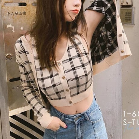 チェック柄カーディガントップスセット
