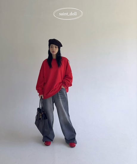 RED simple sweat pullover-MOM size-
