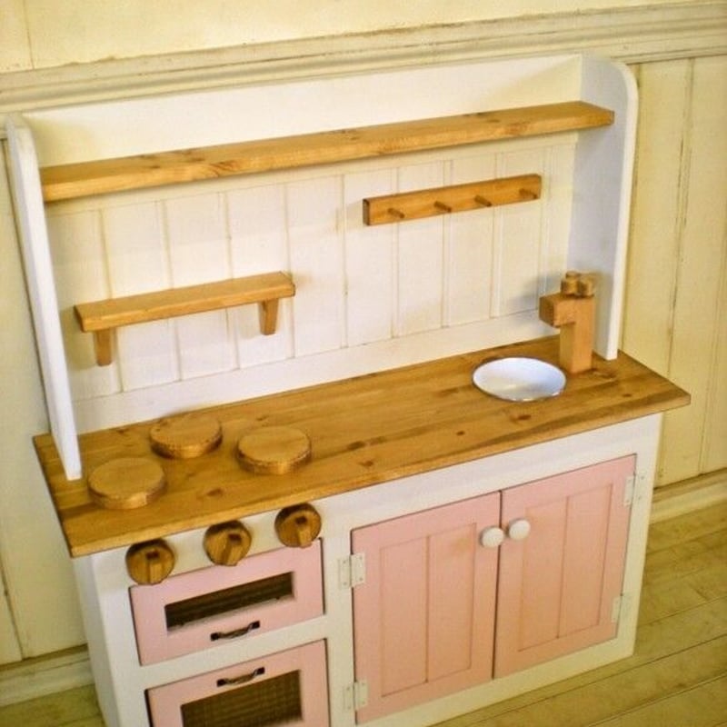 送料無料 チェッカー ガラス扉 木製 おままごと キッチン ワイドタイプ