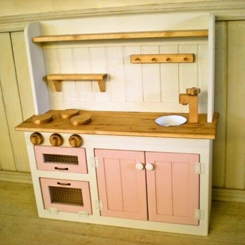 送料無料 チェッカー ガラス扉 木製 おままごと キッチン ワイドタイプ