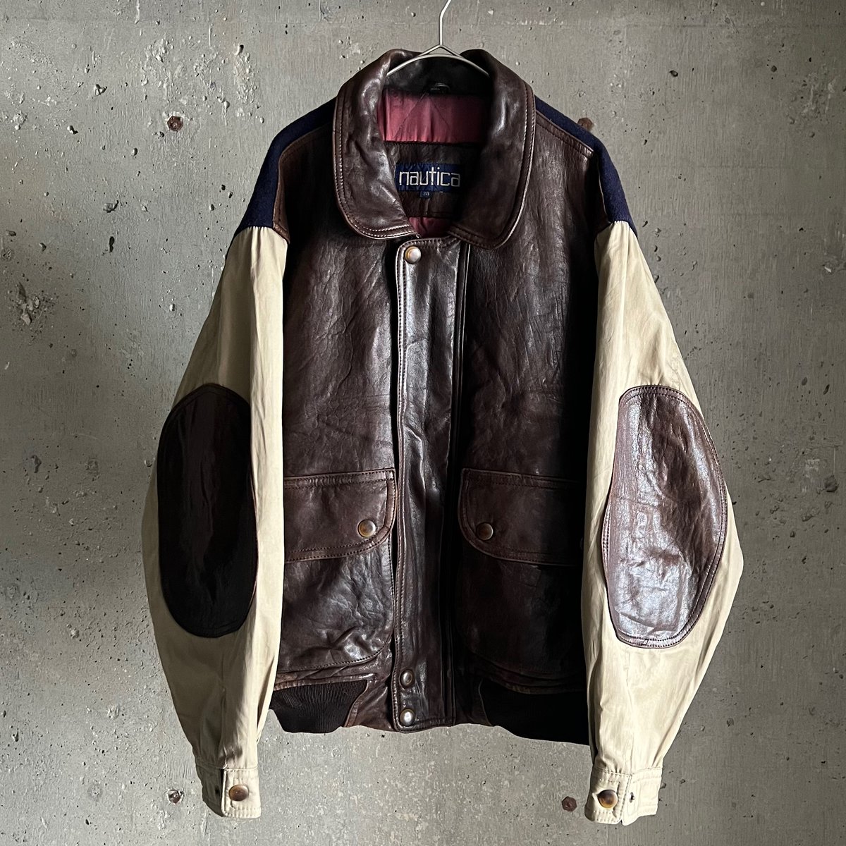 90s Nautica leather×wool×cotton bomber jacket |
