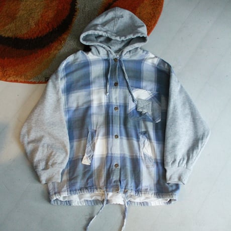 90s Flannel/Sweat swiching design hooded shirt
