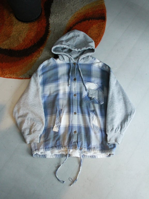 90s Flannel/Sweat swiching design hooded shirt