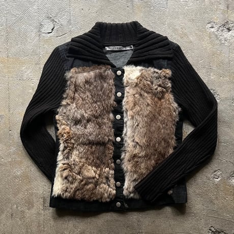 angora fur swiching denim×cotton knit jacket