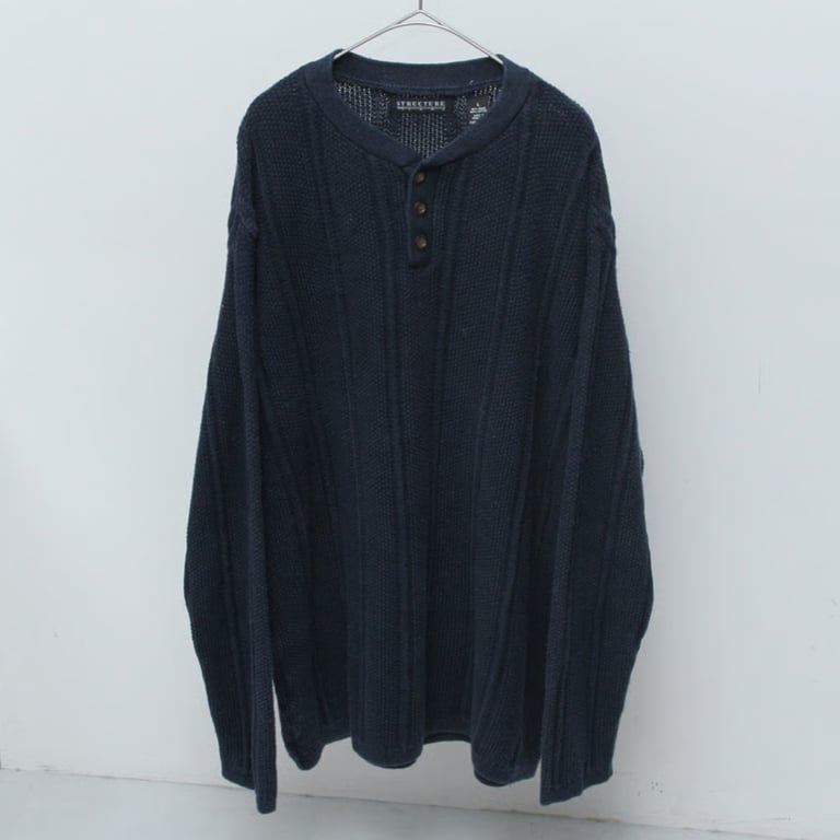 90s Structure ramie/cotton henley neck knit sweater｜ストラクチャー