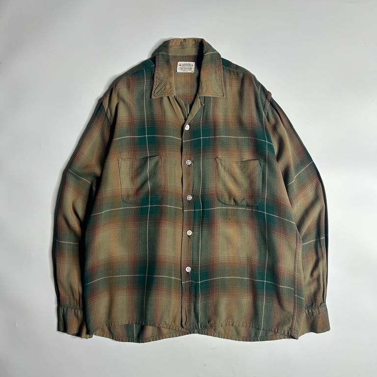 60's KENTFIELD ombre plaid open collar rayon shirt