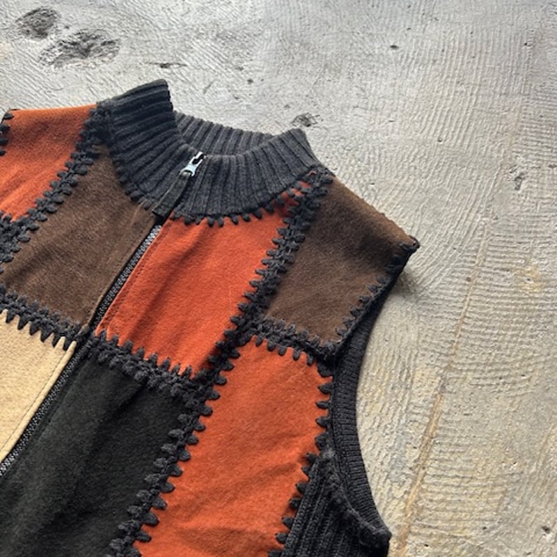 90s leather × knit switching design vest | sui