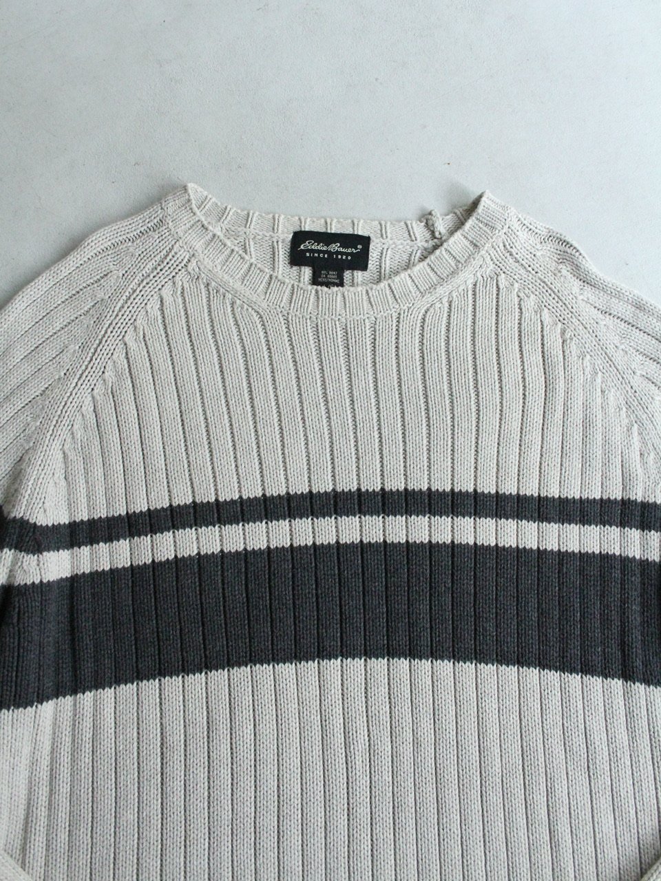 90s Eddie Bauer 畔編み コットンニット ボーダー グレー 赤 S 90's Eddie Bauer マルチボーダー柄 コットンニット 