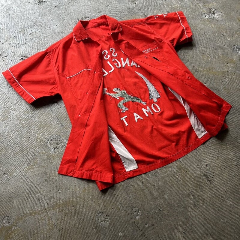 昭和レトロ♦︎赤い波模様 半袖シャツ ボウリングシャツbowlers shirts 昭和レトロ♦︎赤い波模様 半袖シャツ ボウリングシャツbowlers
