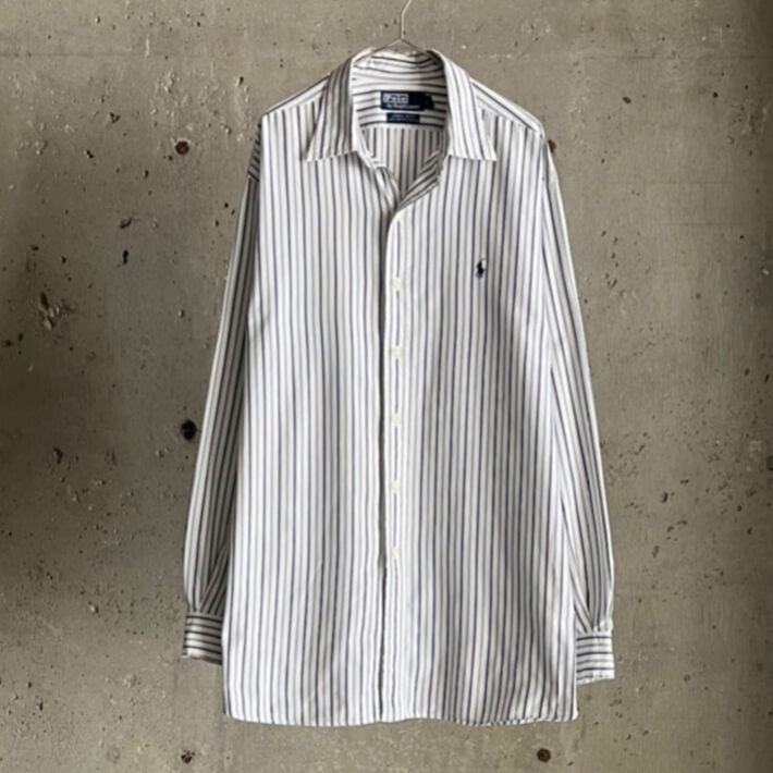 ラルフローレン 極美品 現行 L/S shirt 0 stripe 黒白 90s Ralph Lauren stripe Two-Ply cotton shirt 
