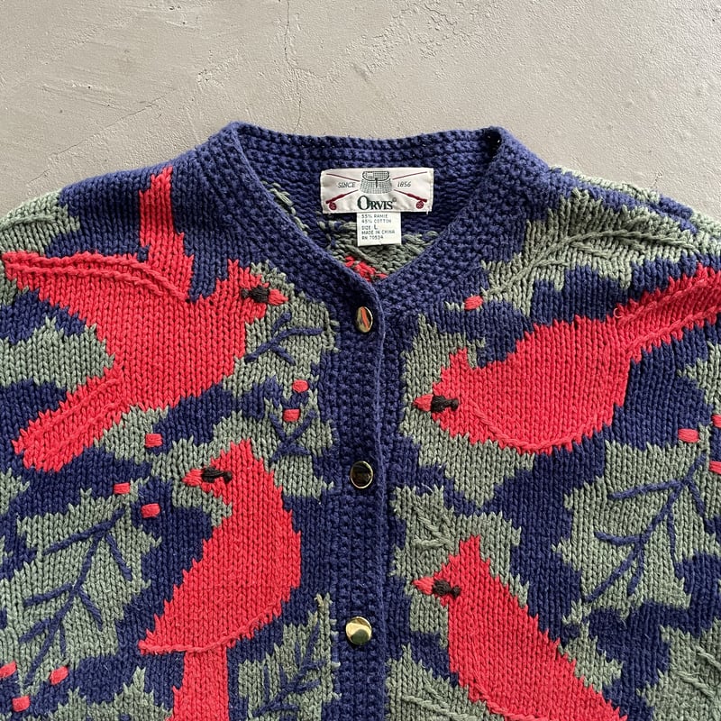 90s Orvis bird&leaf pattern knit cardigan | sui