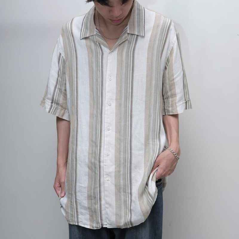 90s Perry ellis stripe pattern linen S/S open c