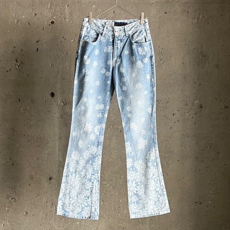 90s flower pattern denim flare pants