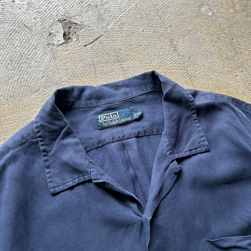 90'S リネン 濃紺 開襟シャツ Polo by RalphLauren S Polo Ralph Lauren Linen Silk Open Collar S/S Shirt 紺 3XB