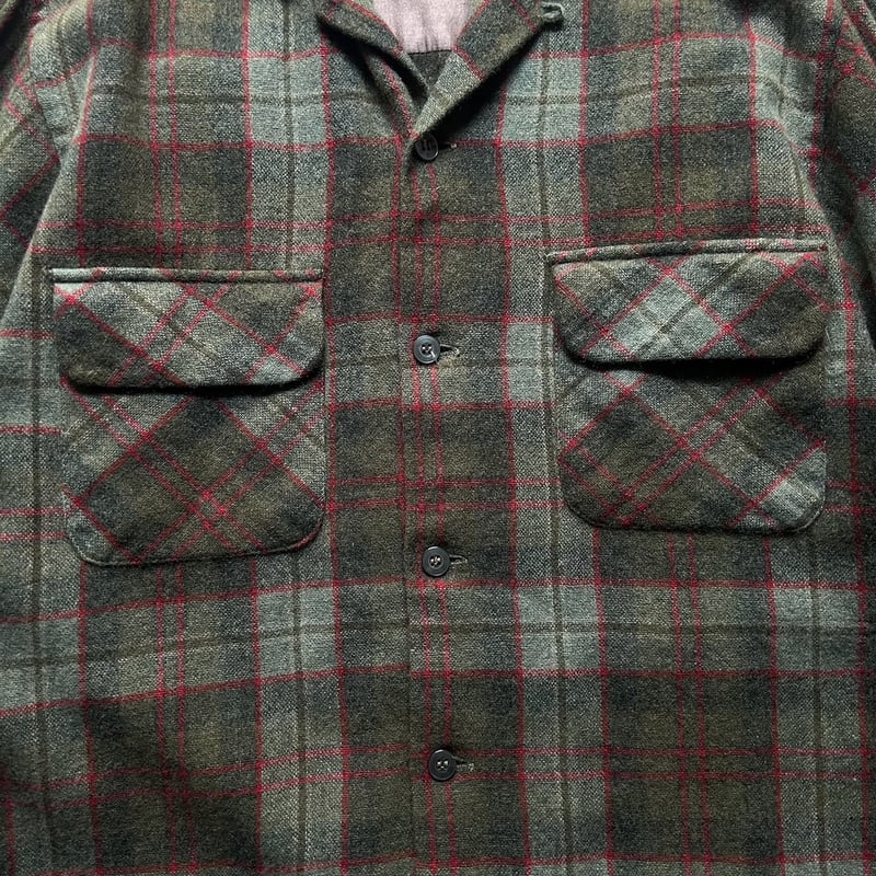 60s BRENT wool plaid open collar shirt made in