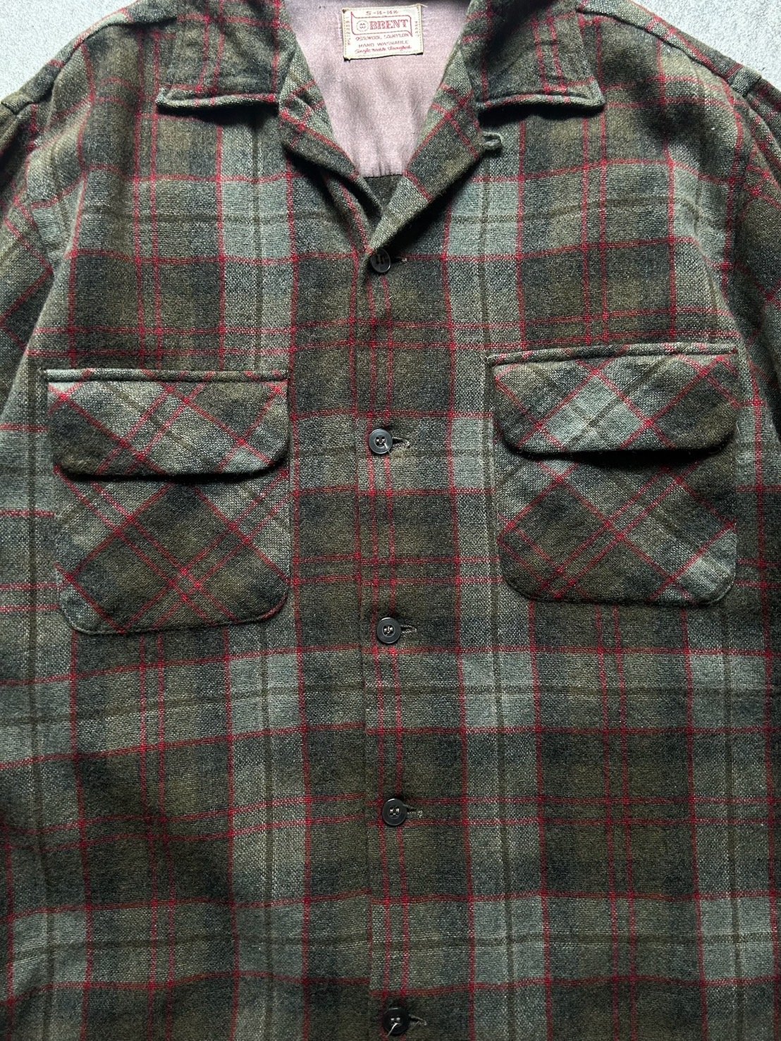 60s BRENT wool plaid open collar shirt made in