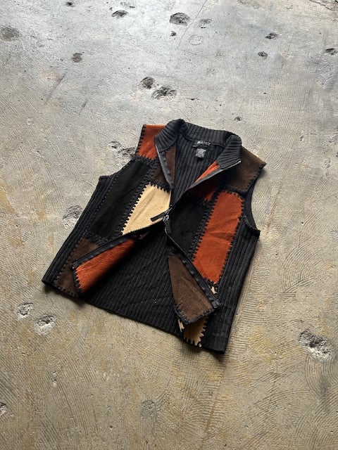 90s leather × knit switching design vest | sui