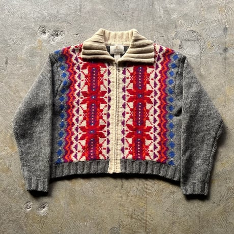 90s~ express tricot nordic pattern full zip wool knit