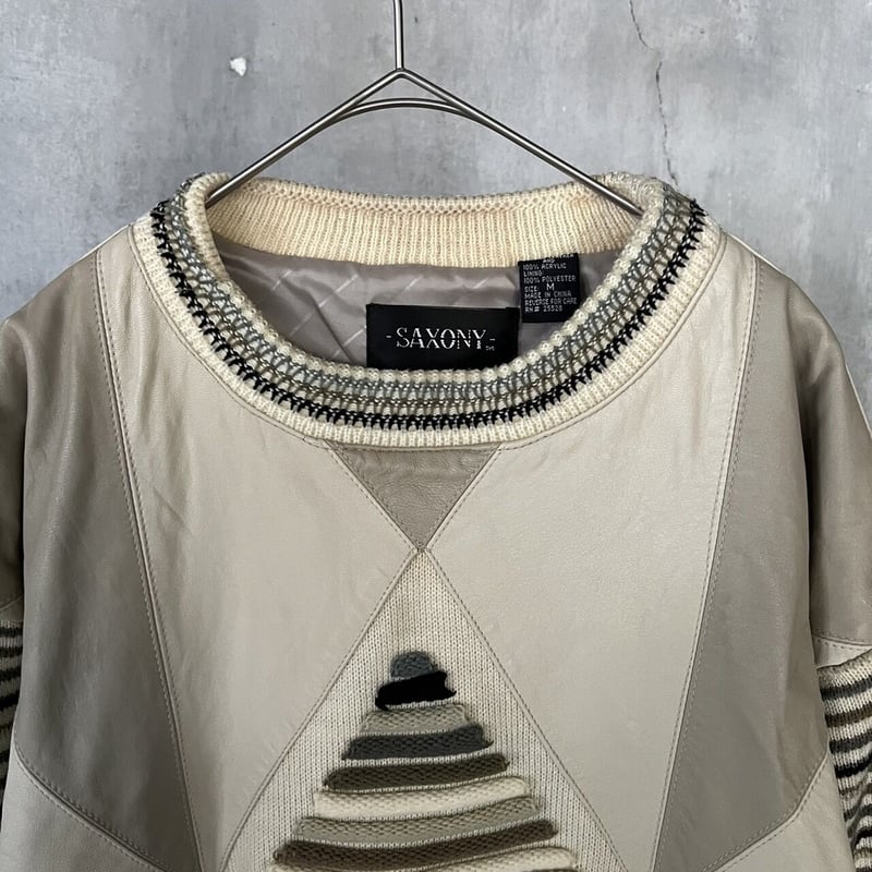 90s SAXONY 3D design leather × knit sweater | 
