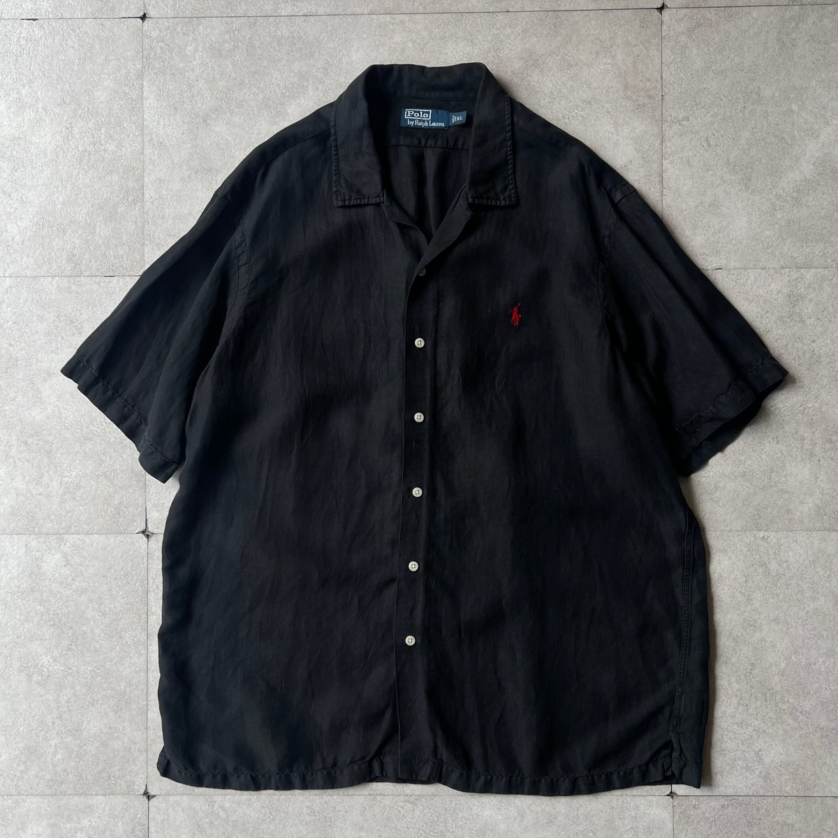 希少！polo ラルフローレン　リネンシルクシャツ　ブラック　silk 90s Ralph Lauren linen×silk open collar shirt |