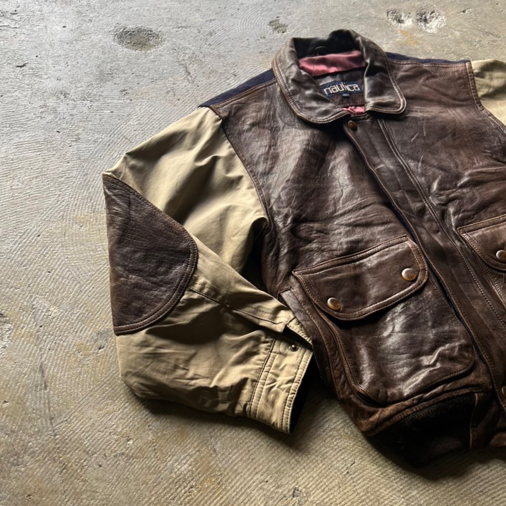 90s Nautica leather×wool×cotton bomber jacket |