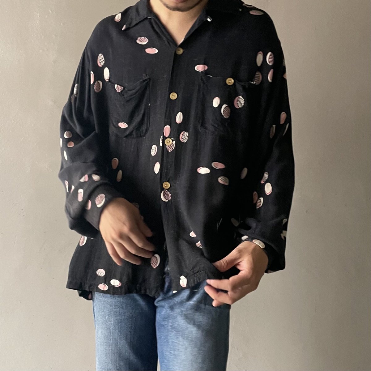 50s atomic pattern pink kasuri black rayon shir 50s atomic pattern pink kasuri black rayon shir