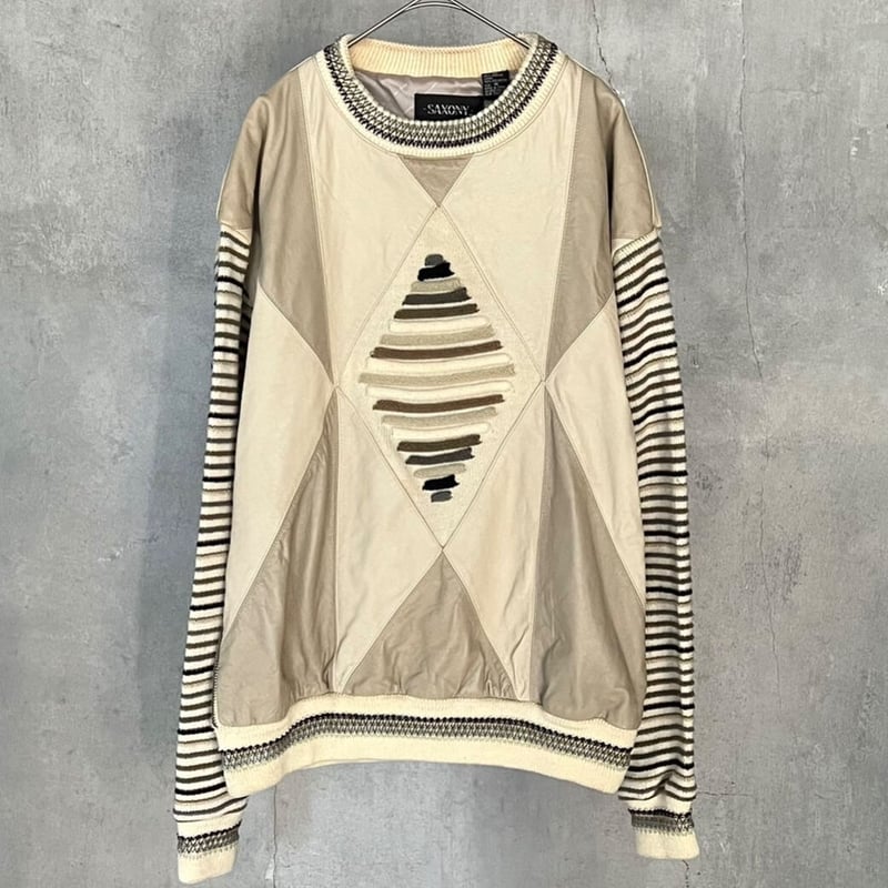 90s SAXONY 3D design leather × knit sweater | 
