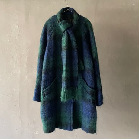 80s〜 Donegal design plaid mohair coat attached scarf