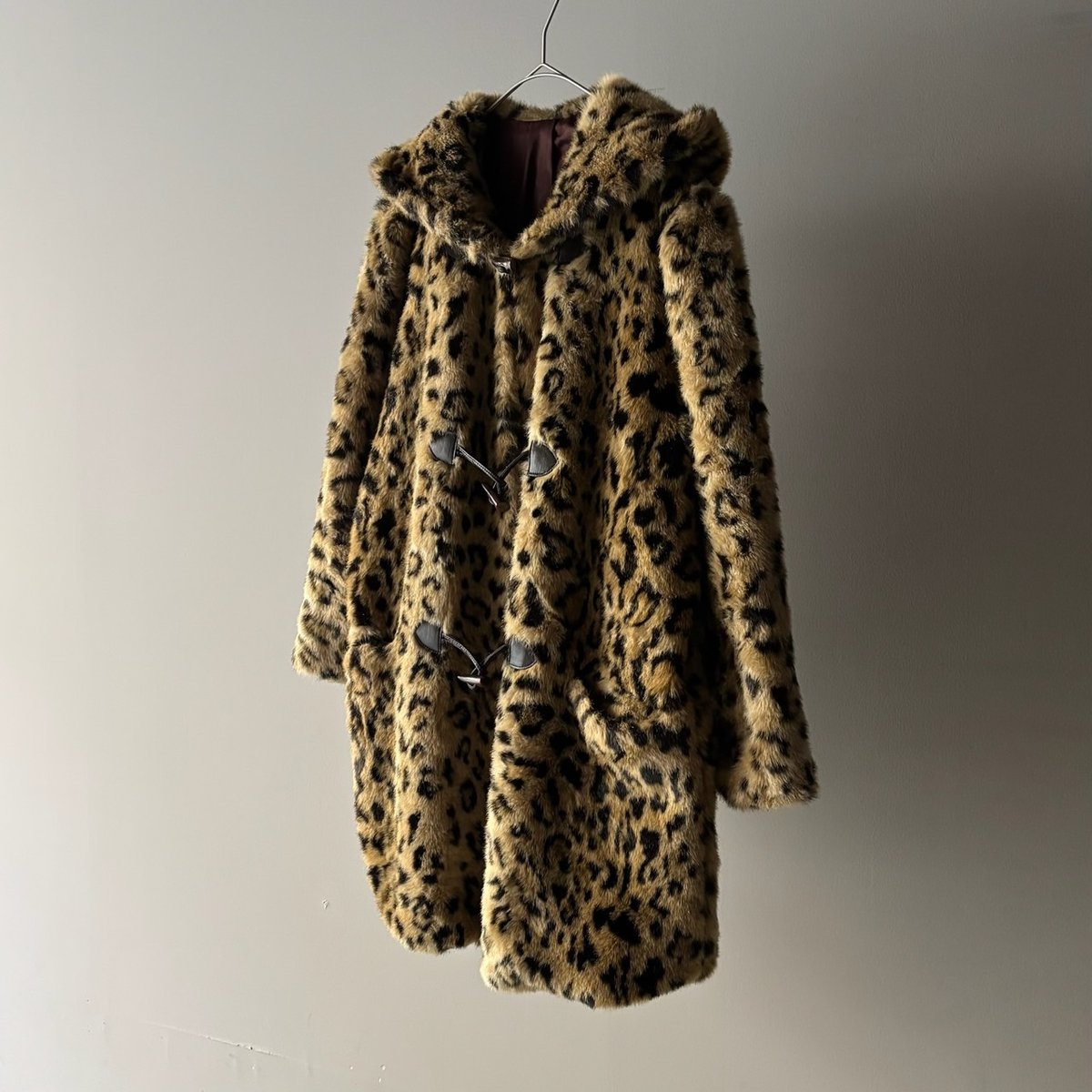 90s leopard faux fur duffle coat made in usa |