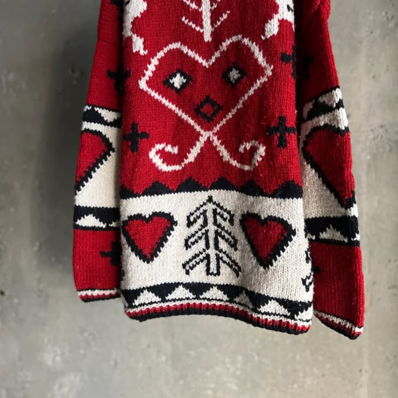 人物画　油絵　アンティーク　レトロ　赤のセーター　冬の記憶 昭和レトロ 長袖ニット】刺繍デザイン セーター L相当 赤 古着