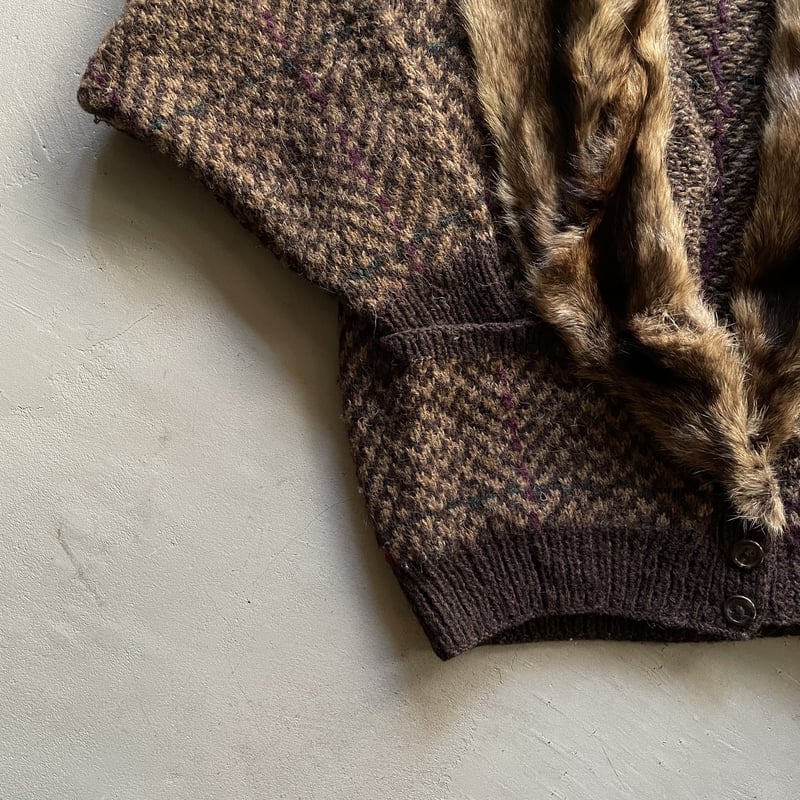 80s Ralph Lauren fur collar hand knit cardigan