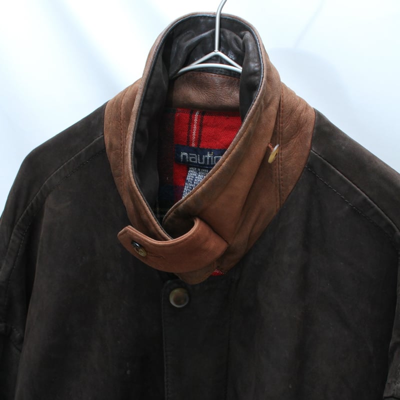 90s nautica switching design leather jacket | s
