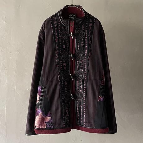 90s Chinese word stripe×flower pattern docking design fleece jacket