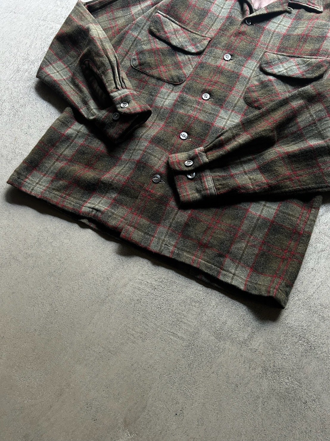 60s BRENT wool plaid open collar shirt made in