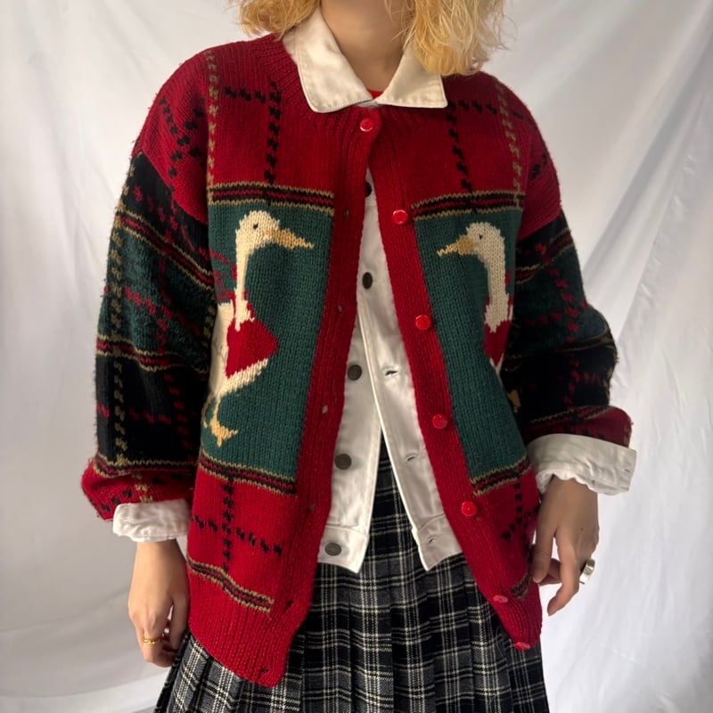 yuji yamada 90s Archive 変形 ニット カーディガン 緑赤 90s Duck pattern wool knit cardigan | sui & shara