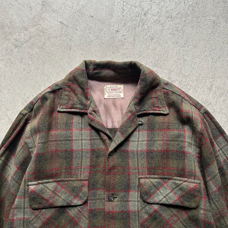 60s BRENT wool plaid open collar shirt made in