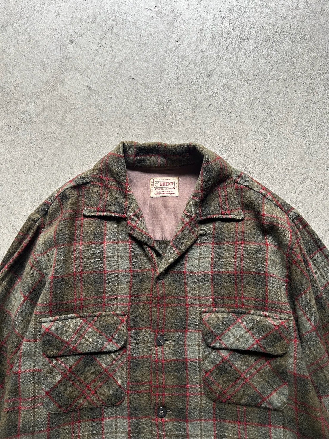 60s BRENT wool plaid open collar shirt made in