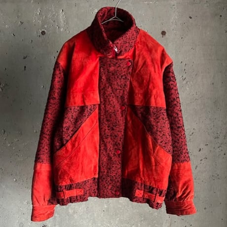 90s leather × tweed design blouson jacket