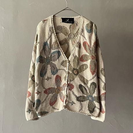 90s Flower pattern cotton knit cardigan