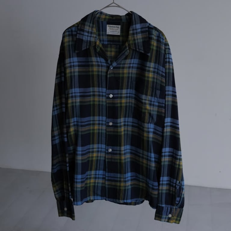 60s rayon plaid pattern open collar shirt