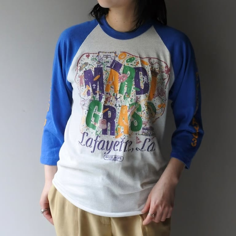 80s Mardi Gras souvenir raglan sleeve T-shirt
