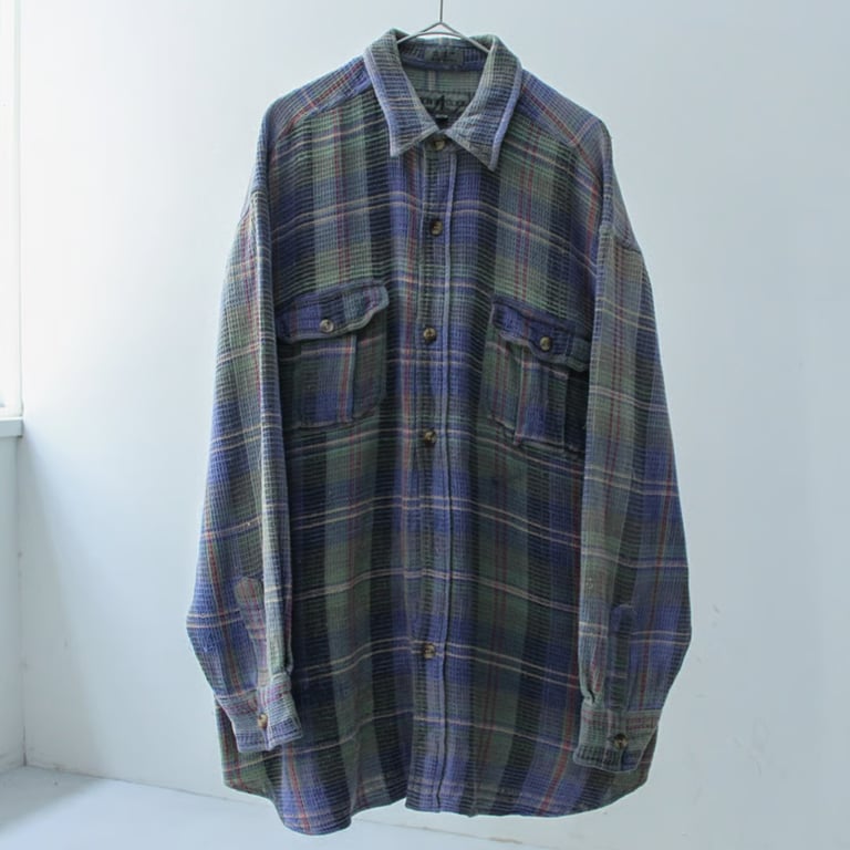 90年代 チェックシャツ（90s Robert stock waffle fabric plaid pattern L/S shirt）