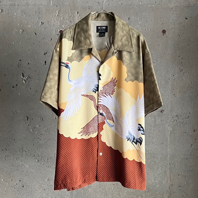 90s BC Ethic Japanese pattern open collar shir