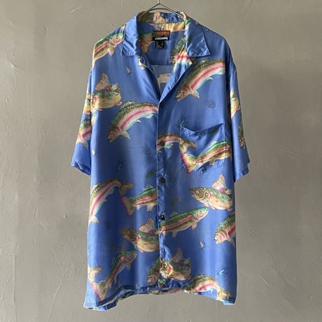 80s Pataloha ''trout''pattern rayon hawaiian shirt
