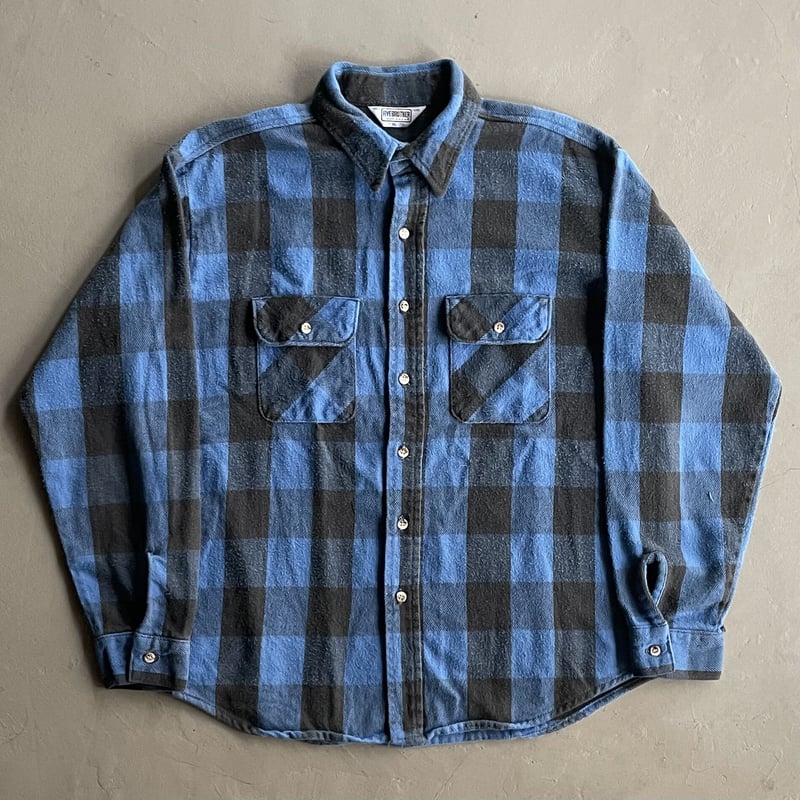 ビンテージ FIVE BROTHER ネルシャツ 2XL 青チェック 古着 70-80s FIVE BROTHER? ブルー × ブラック ブロック