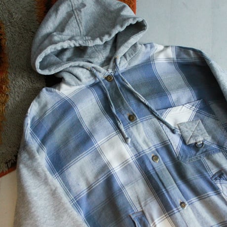 90s Flannel/Sweat swiching design hooded shirt