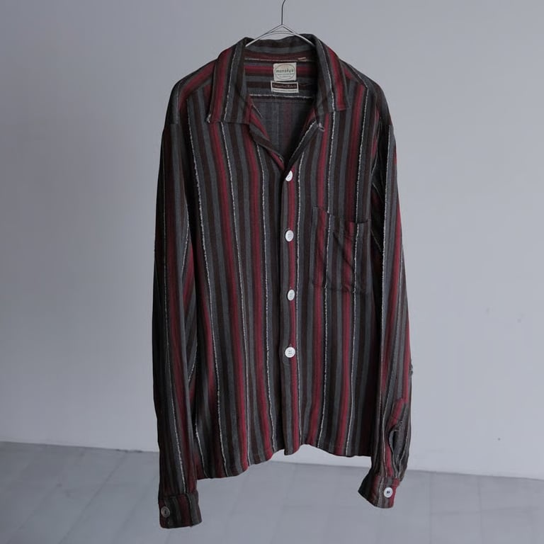 60s rayon stripe pattern open collar shirt