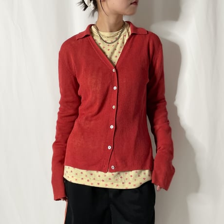 textured sheer knit polo cardigan