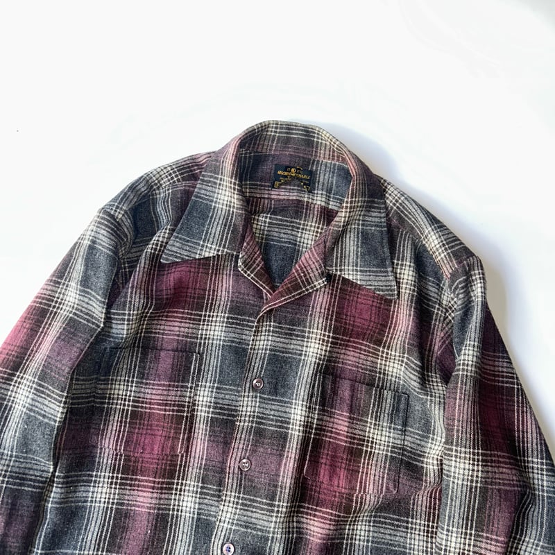 70's Sears shadow plaid open collar wool shirt